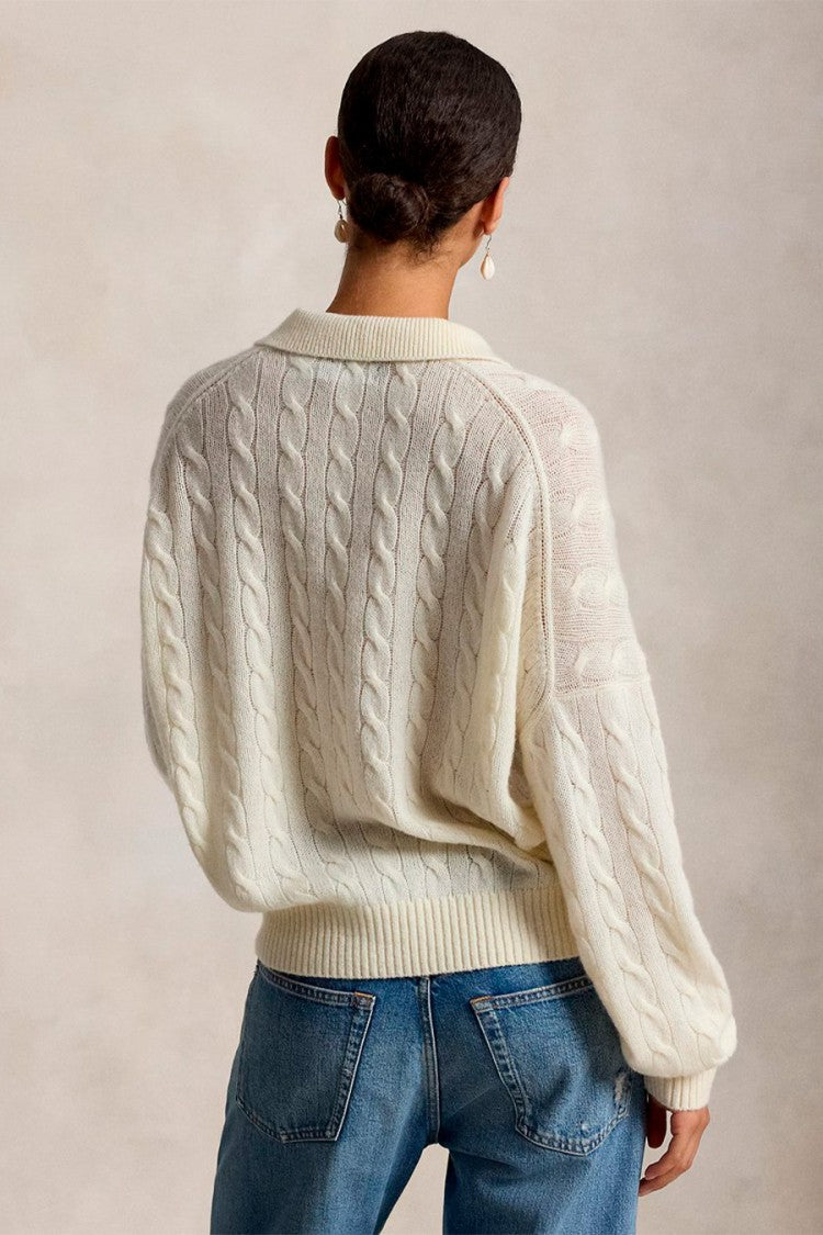 Polo Ralph Lauren Cream Wool-Cashmere Blend Cable-Knit Polo Sweater