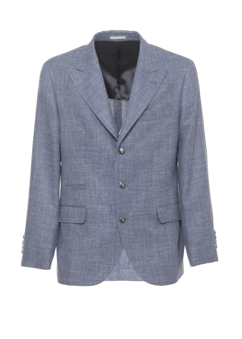 Brunello Cucinelli Blue Wool Linen Peak Lapel Blazer