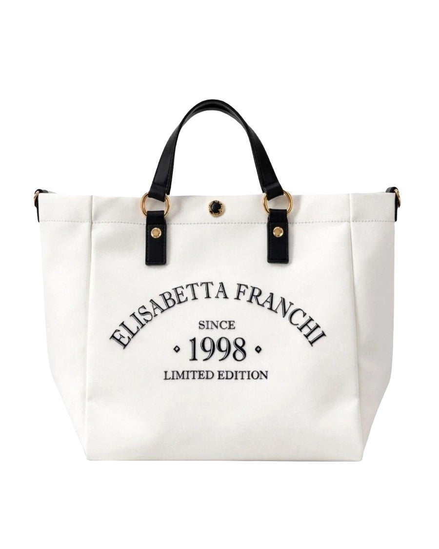 Elisabetta Franchi Spacious Ivory And Black Tote Bag With Gold Accents