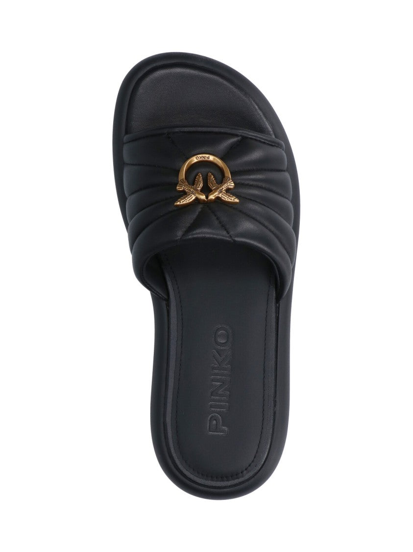 Pinko Black Love Birds Quilted Slide Sandals