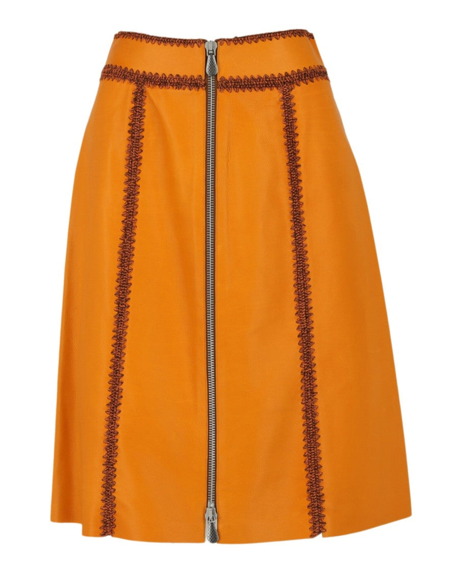 Bottega Veneta Mid Rise Calfskin Leather Zip-Up Skirt With Contrast Woven Detail