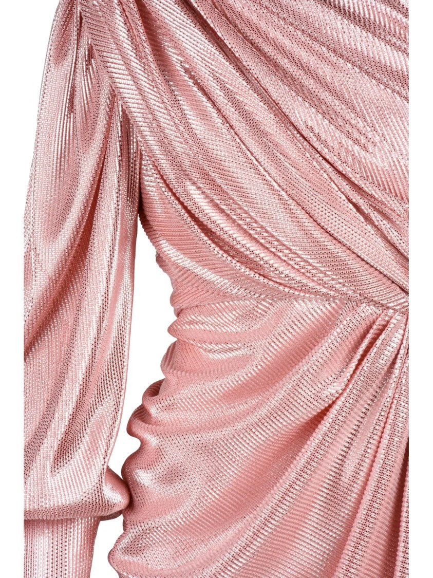 Rhea Costa Pink Polyamide One-Shoulder Ruched Lamé Maxi Dress
