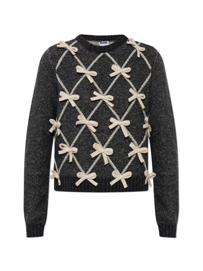 Moschino Textured Grey Knit Sweater With Decorative Bows