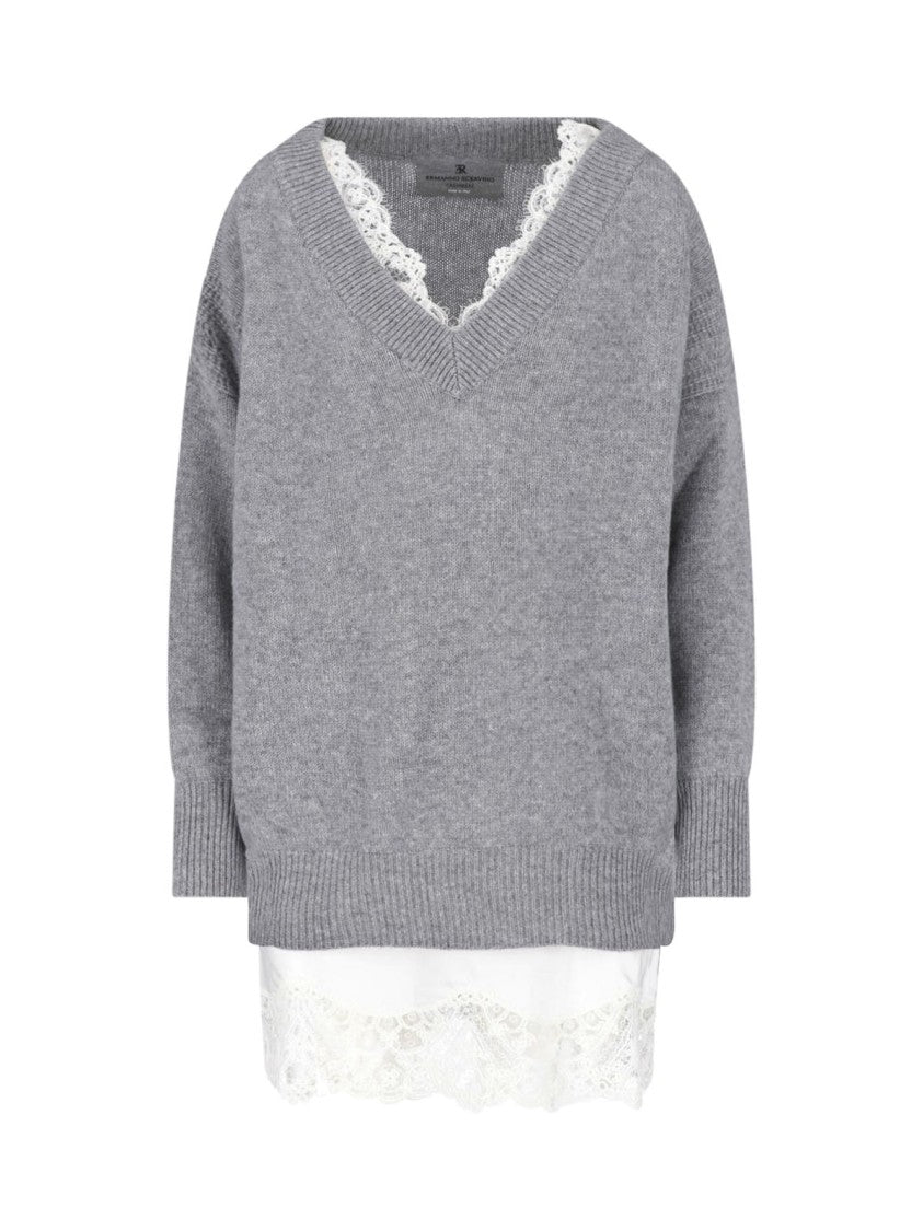 Ermanno Scervino Grey V-Neck Lace Cashmere Mini Dress