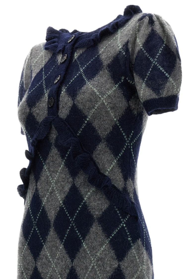 Shushu/Tong Argyle Wool-Blend Lace Trim Pleated Midi Dress