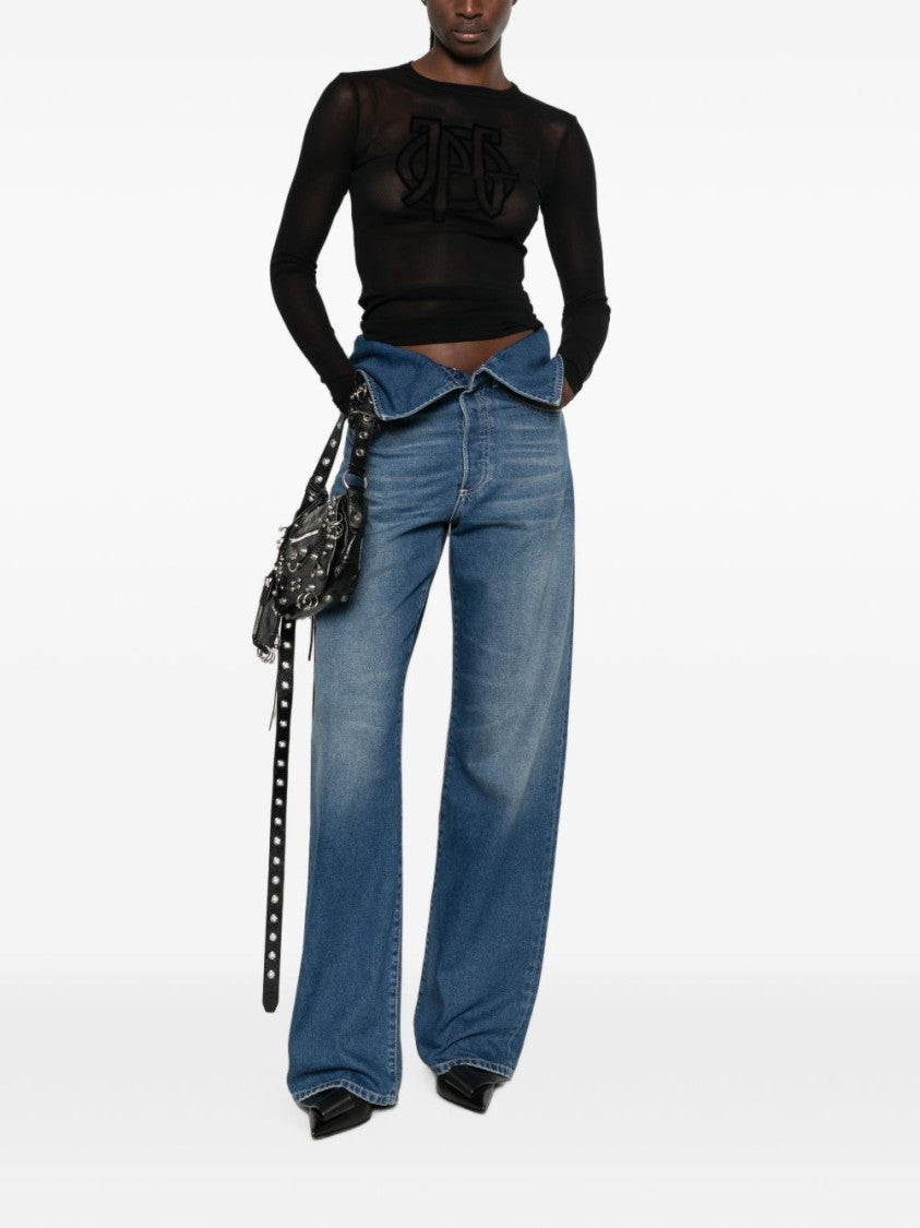 Jean Paul Gaultier Black Sheer Mesh Velvet Logo Long-Sleeved Top