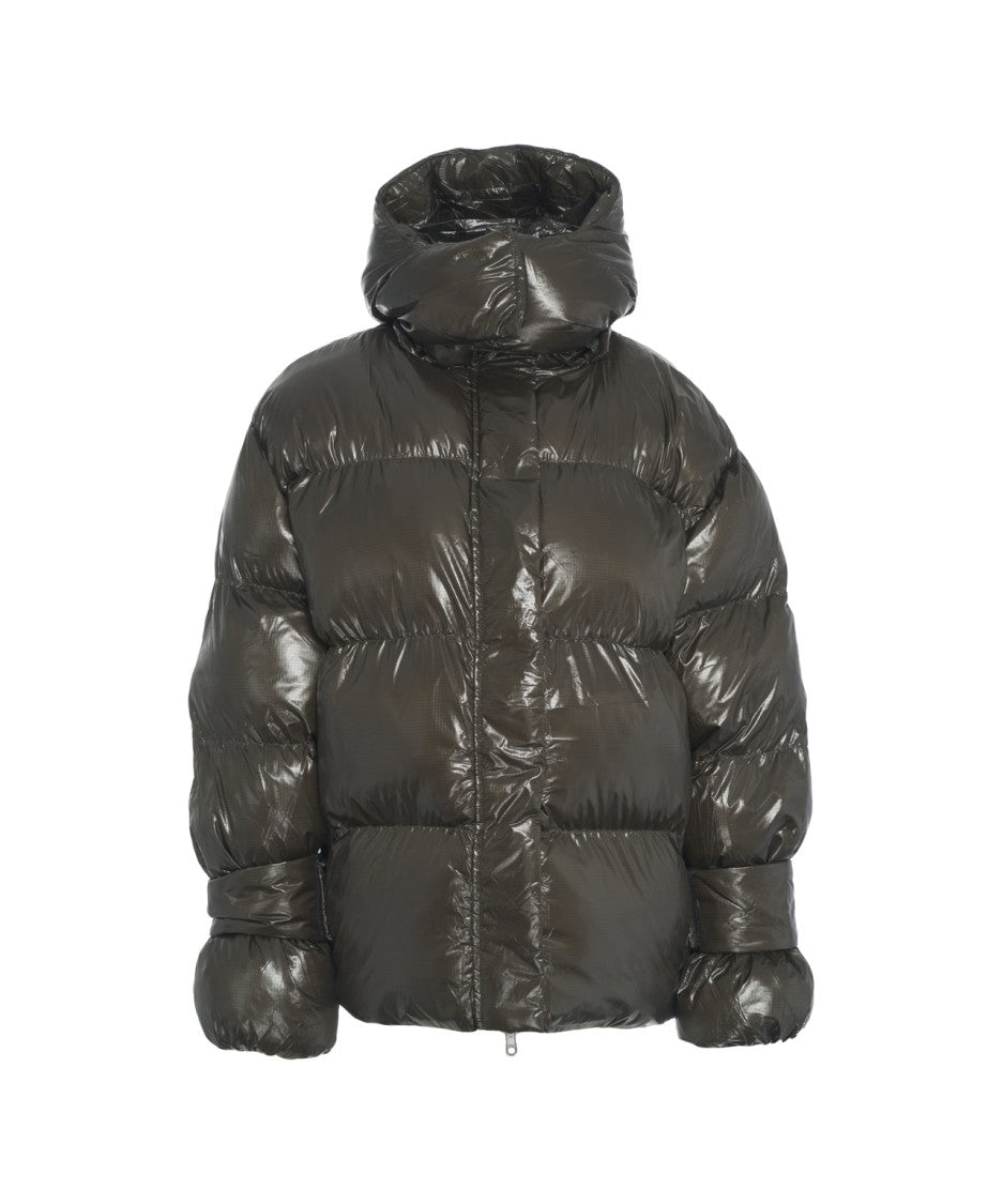 Oval Square Padded Green High-Collar Coat With Boxy Silhouette