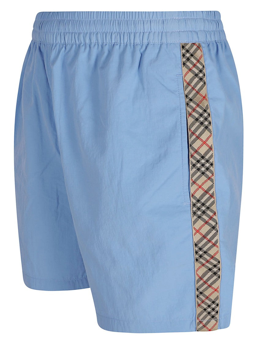 Burberry Light Blue Swim Shorts With Adjustable Waist And Equestrian Detail