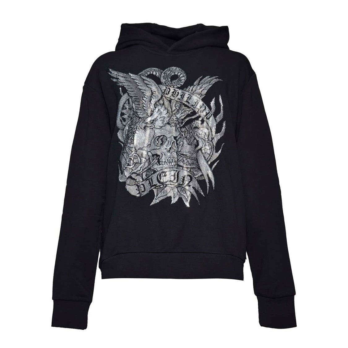 Philipp Plein Black Cotton Tattoo Hoodie With Crystals