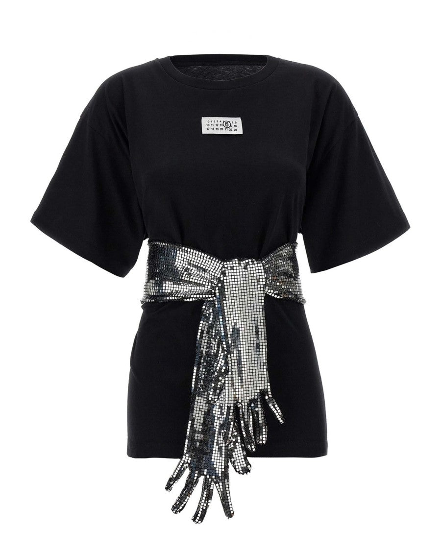 Mm6 By Maison Margiela Short-Sleeve Black T-Shirt With Disco-Style Gloves