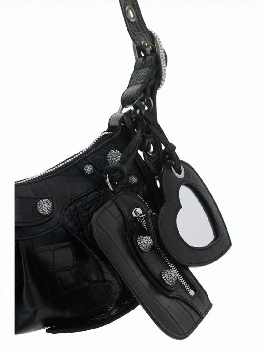 Balenciaga Textured Calf Leather Shoulder Bag With Crocodile Pattern And Silver Studs