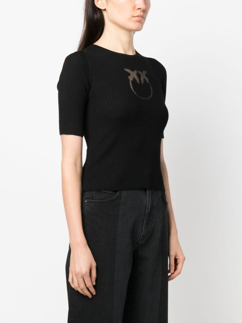 Pinko Fitted Ribbed Knit Sweater With Sheer Logo Detail