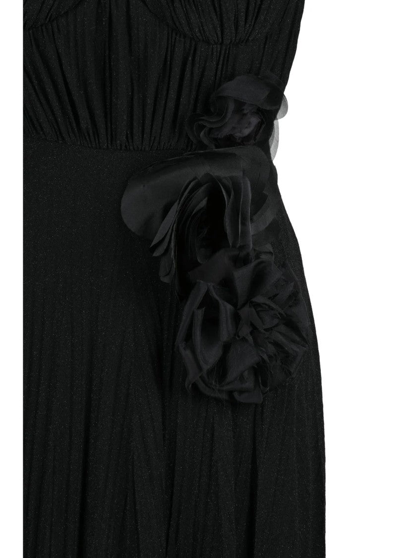 Elisabetta Franchi Black Viscose-Blend Pleated Lamé Long Dress