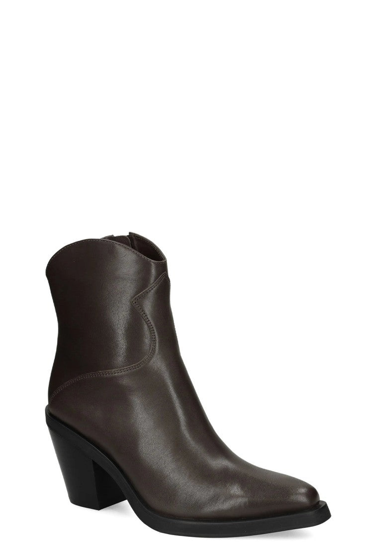 Ash Brown Western Stacked Block Heel Leather Ankle Boots