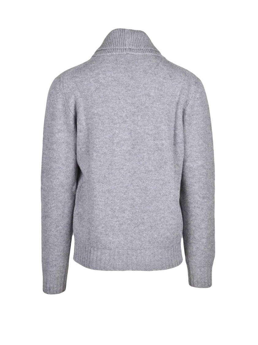Kangra Light Grey Wool Zip Jacket With Textured Knit And Ribbed Details