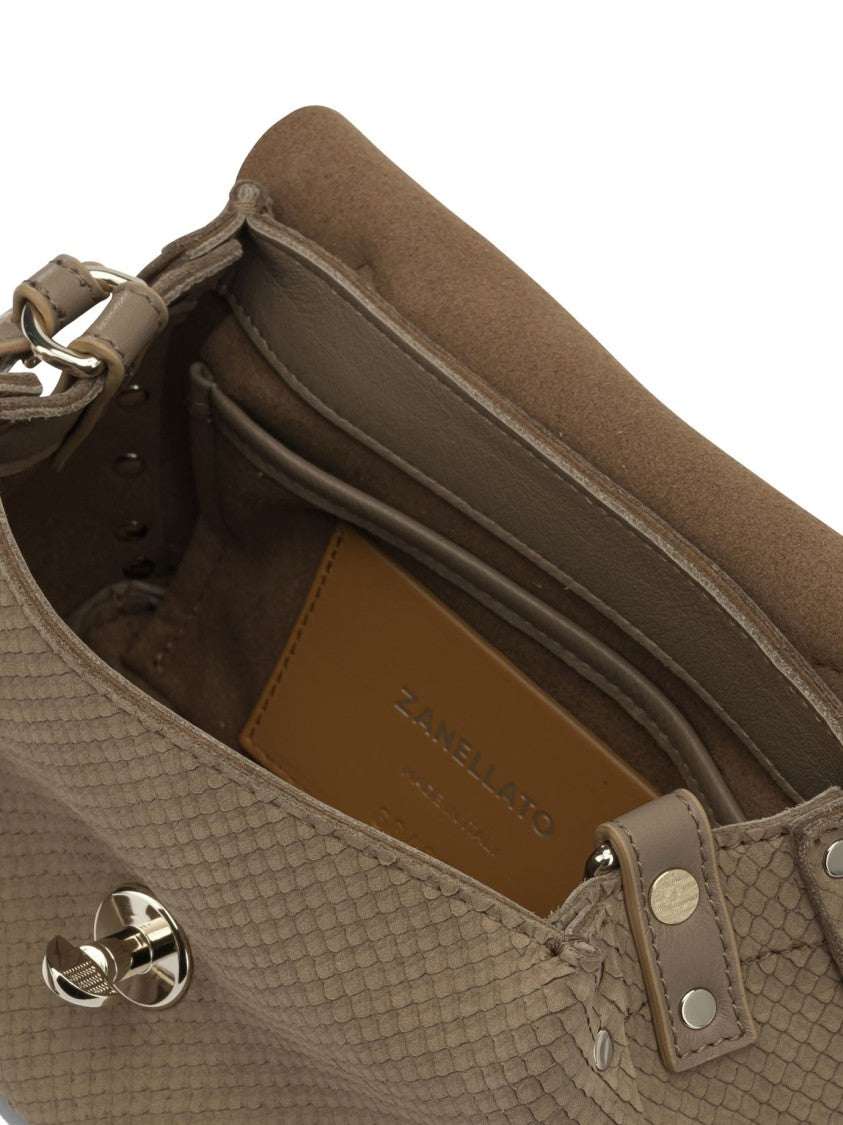 Zanellato Compact Beige Suede Handbag With Textured Pattern And Turn-Lock Closure