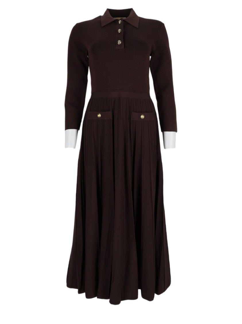 Michael Michael Kors Brown Collared Pleated Skirt Viscose-Blend Midi Dress