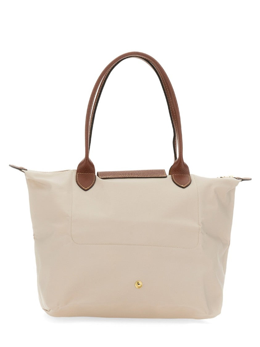 Longchamp Medium Tote Bag With Smooth Light Beige Body And Brown Leather Accents