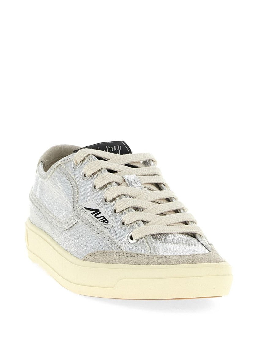 Autry Silver Metallic Canvas Lace-Up Sneakers