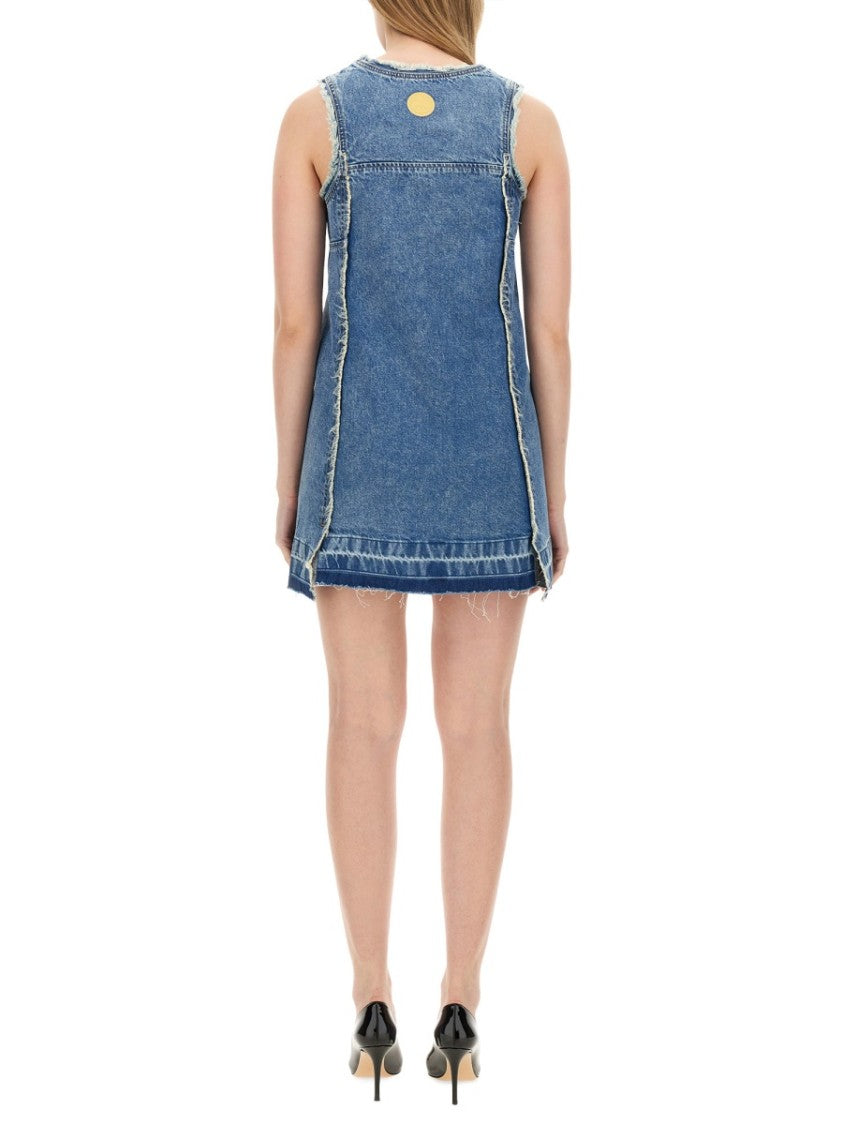 Moschino Sleeveless Fitted Denim Dress With Frayed Hem