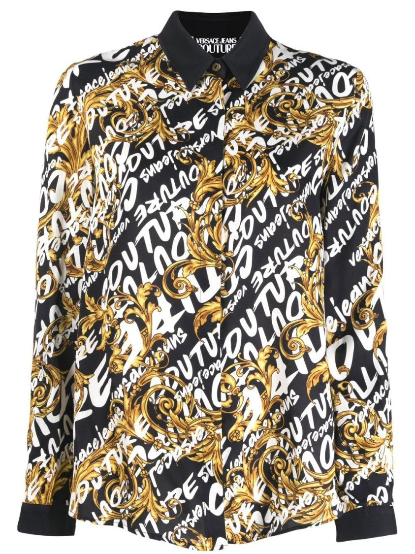 Versace Jeans Couture Baroque-Inspired Black Long Sleeve Shirt With Golden Motifs