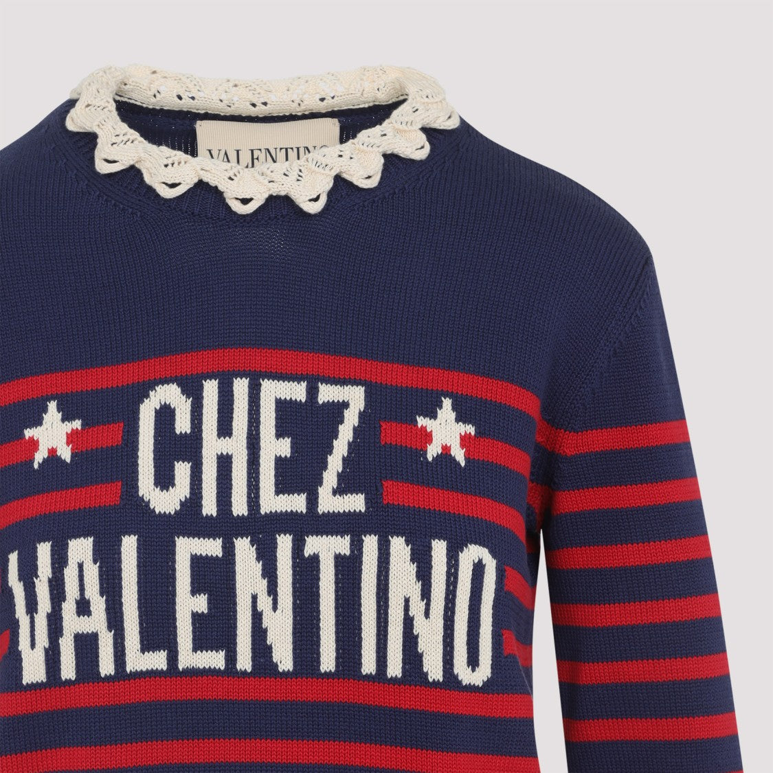 Valentino Blue Cotton Sweater With Striped Design