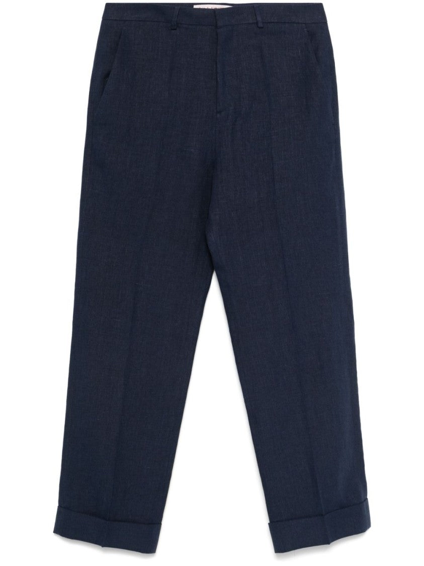 Valentino Tailored Blue Linen Trousers With Concealed Fastening