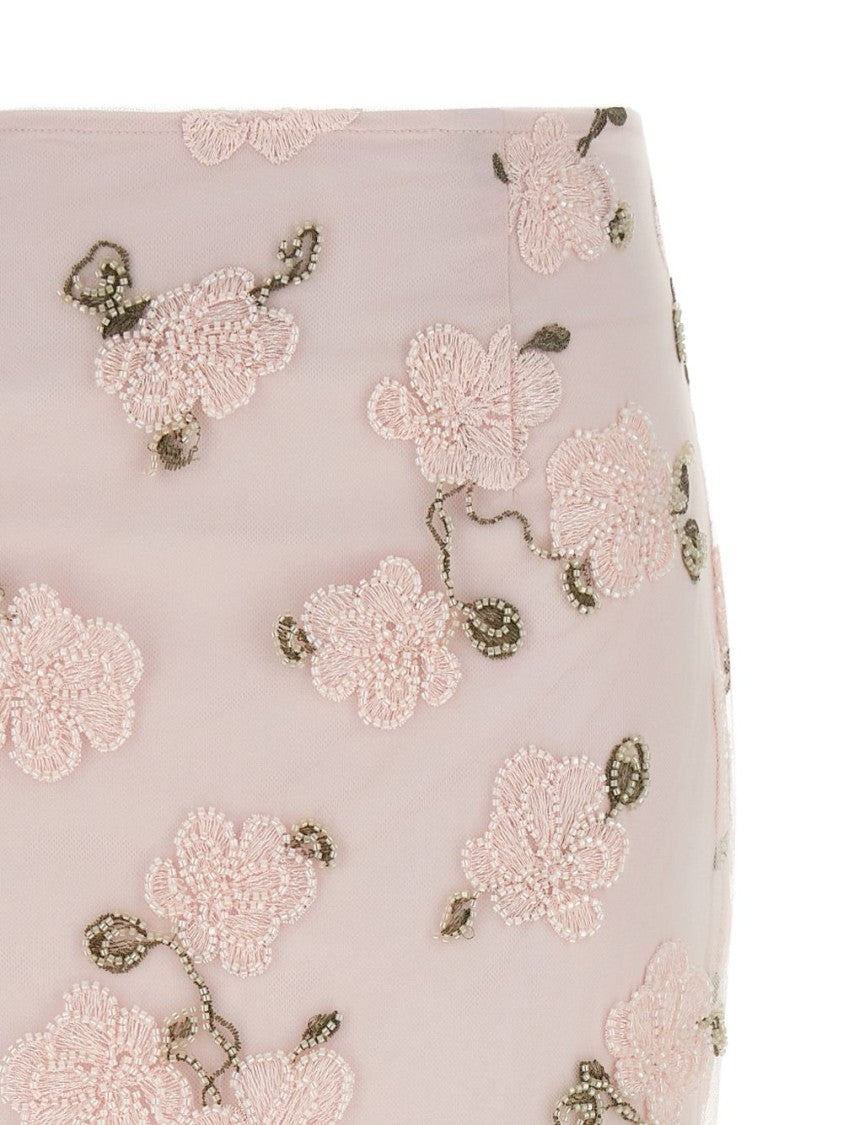 Rotate Floral-Embroidered Midi Skirt With Sheer Finish