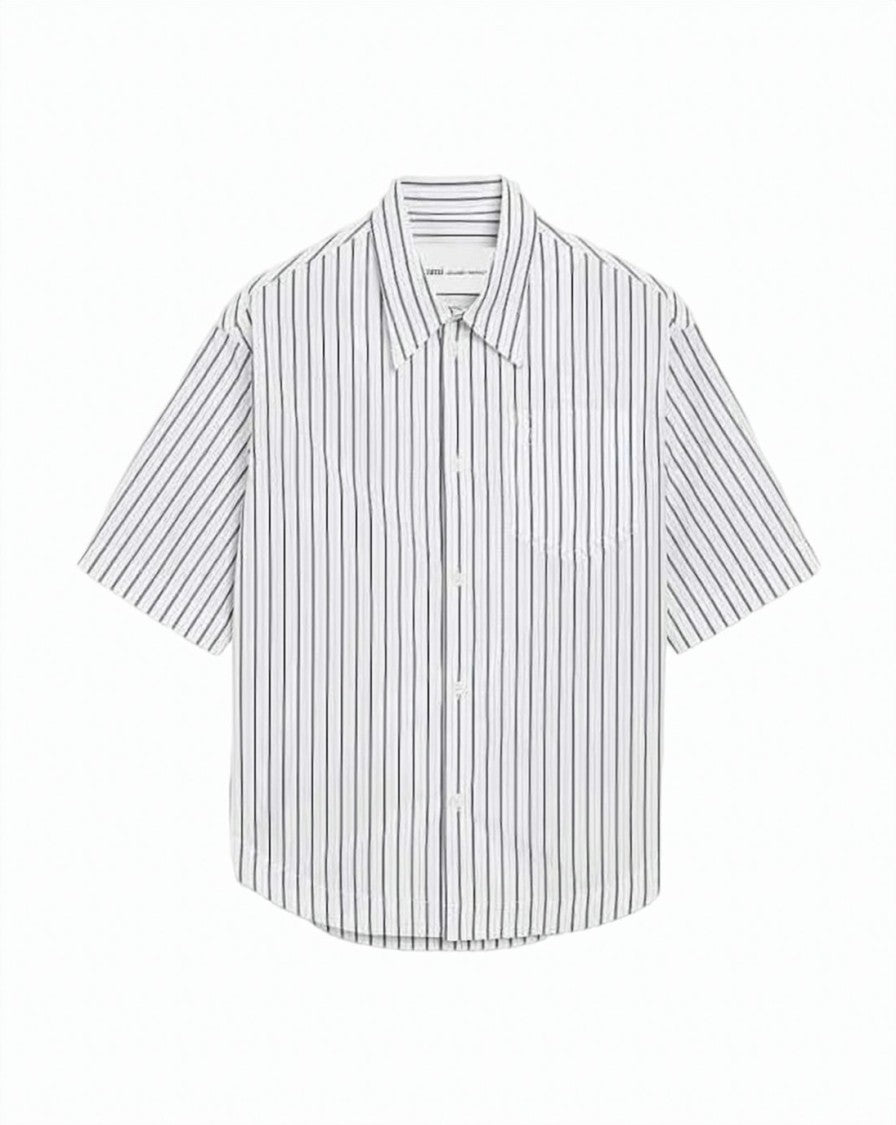 Ami Paris Short-Sleeved Striped Cotton Wide Shirt With Classic Collar