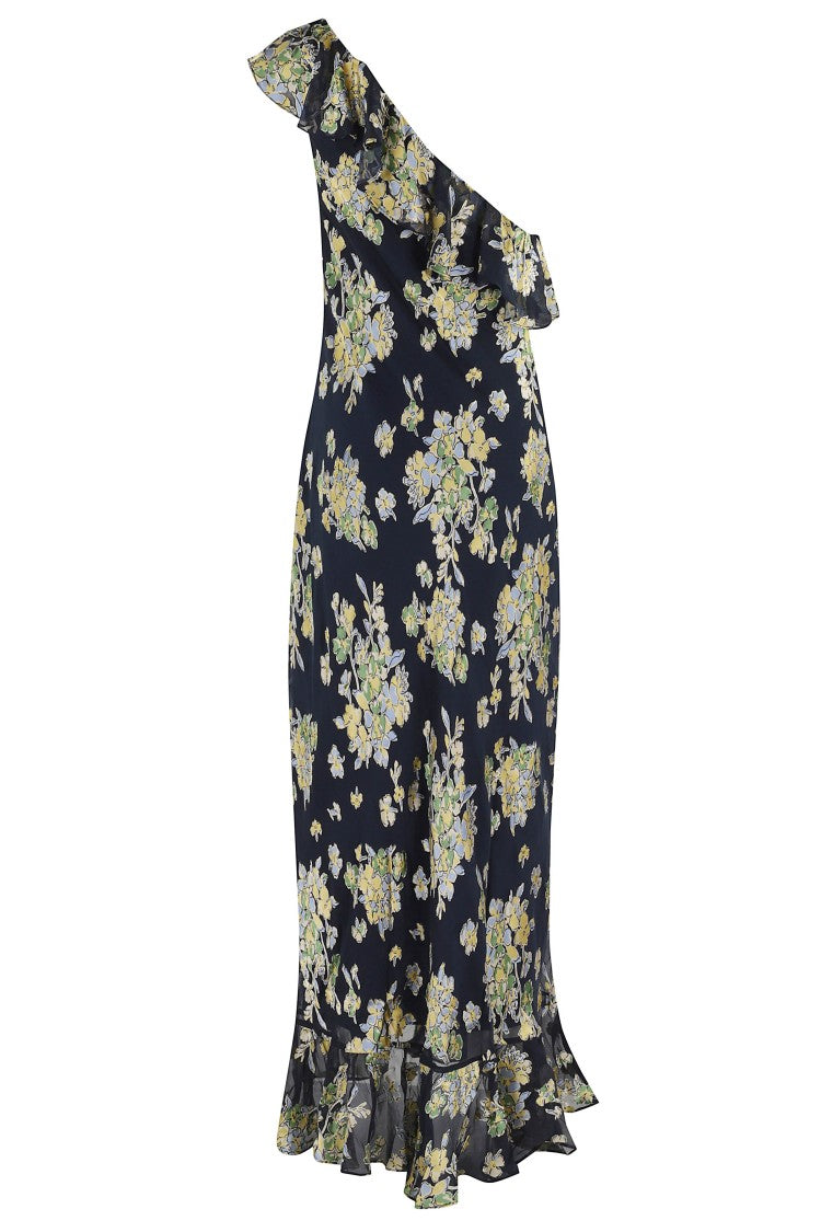 Rixo Blue Leon One-Shoulder Floral Viscose Long Dress