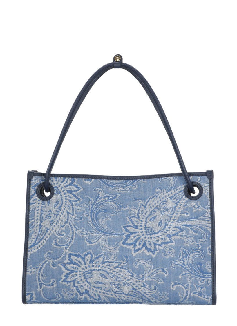 Etro Rectangular Blue Cotton Shoulder Bag With Contrasting Paisley Pattern