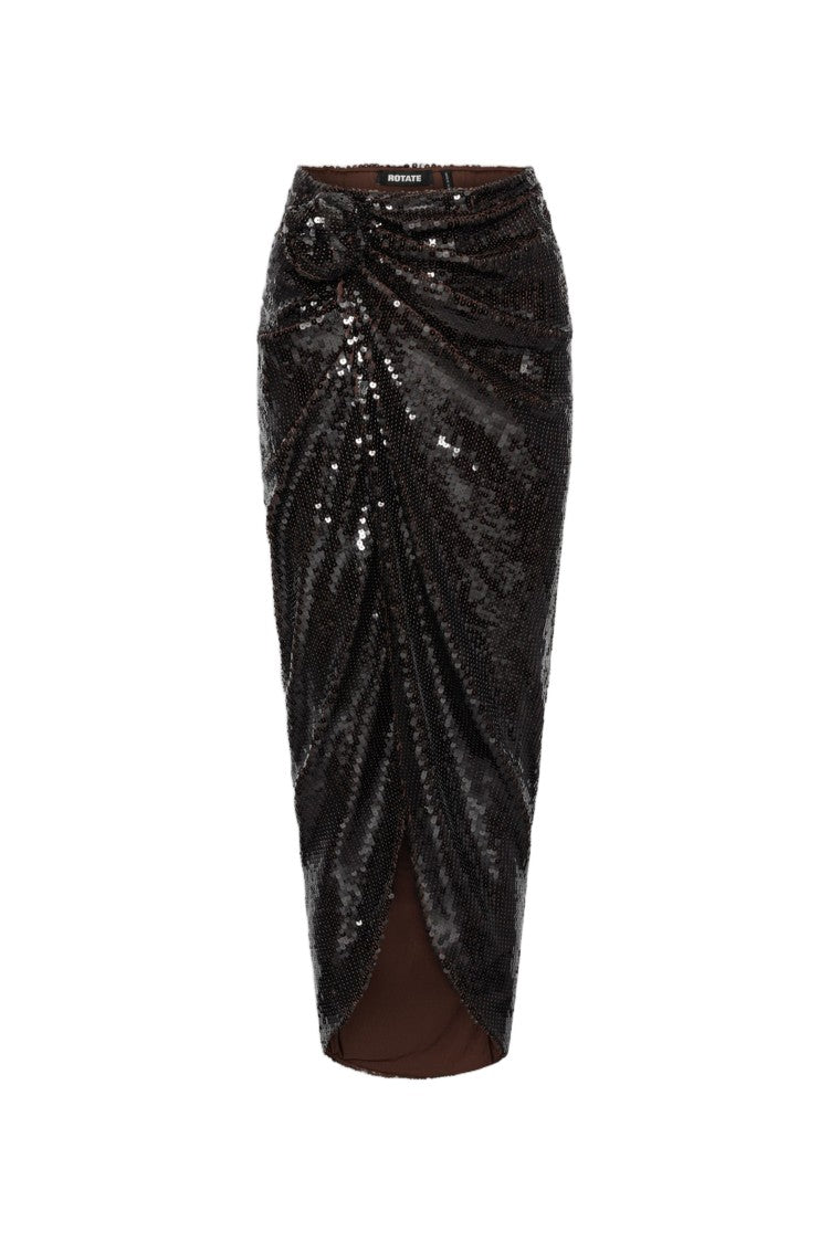 Rotate Sequins Draped Front-Knot Midi Skirt
