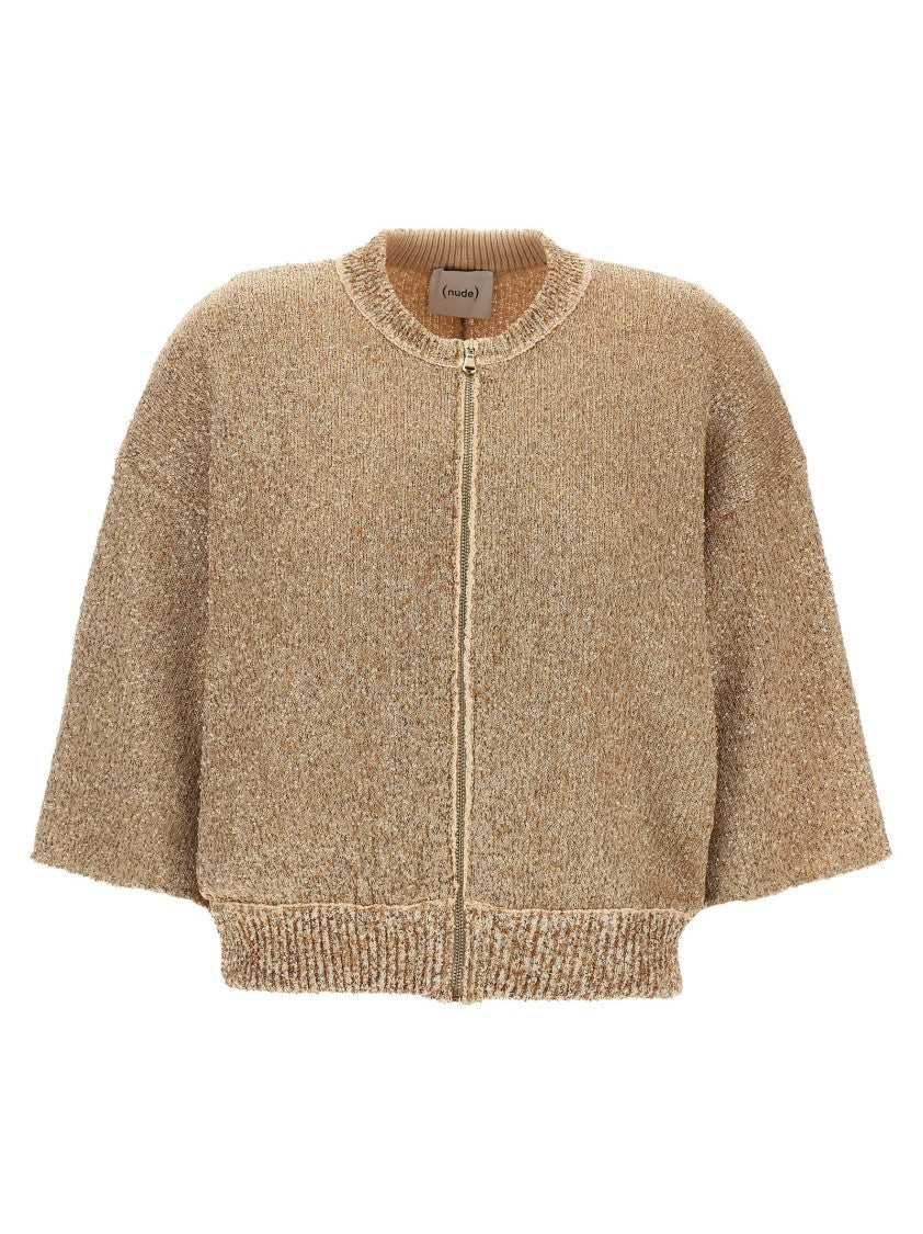 Nude Sequin Knit Cardigan With Ribbed Hem