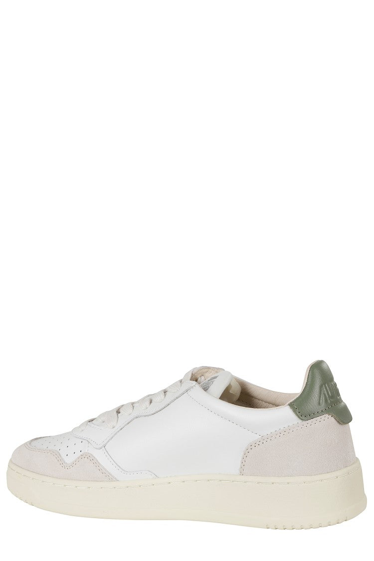 Autry White Green Medalist Low Suede Inserts Leather Sneakers