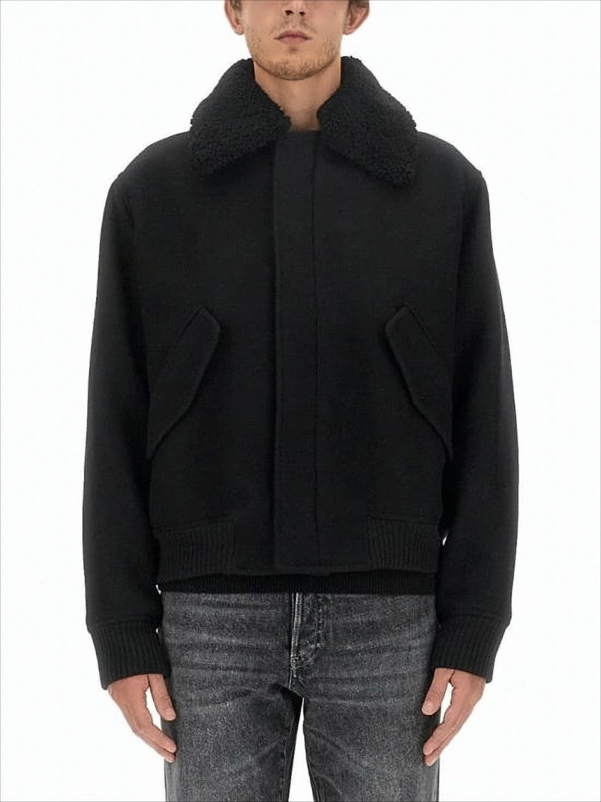 Ami Paris Cropped Black Wool Jacket With Oversized Collar