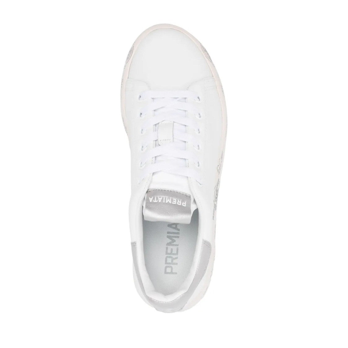 Premiata White Leather Graphic Metallic Accent Sneakers