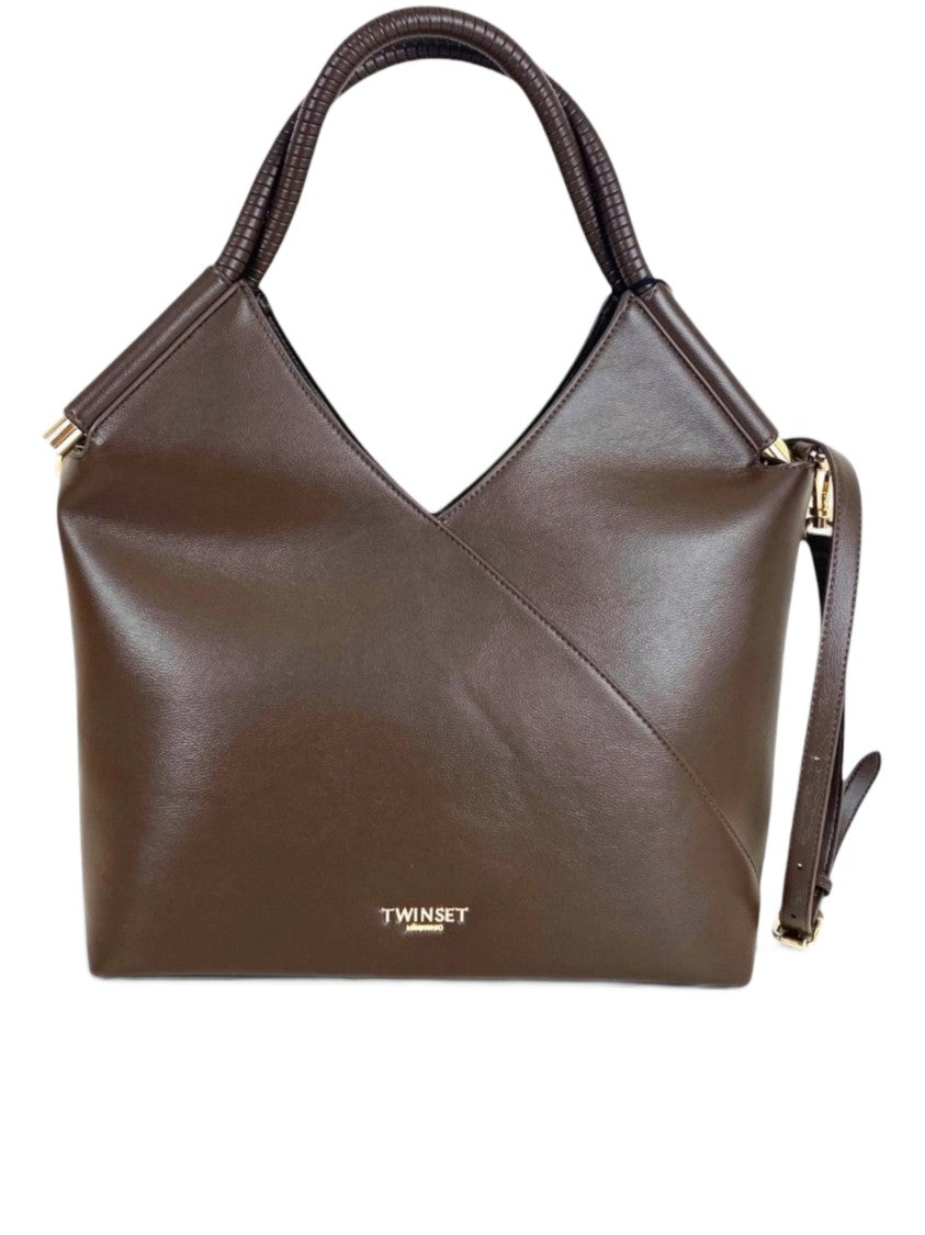 Twin-Set Structured Brown Polyurethane Tote Bag With Textured Handles