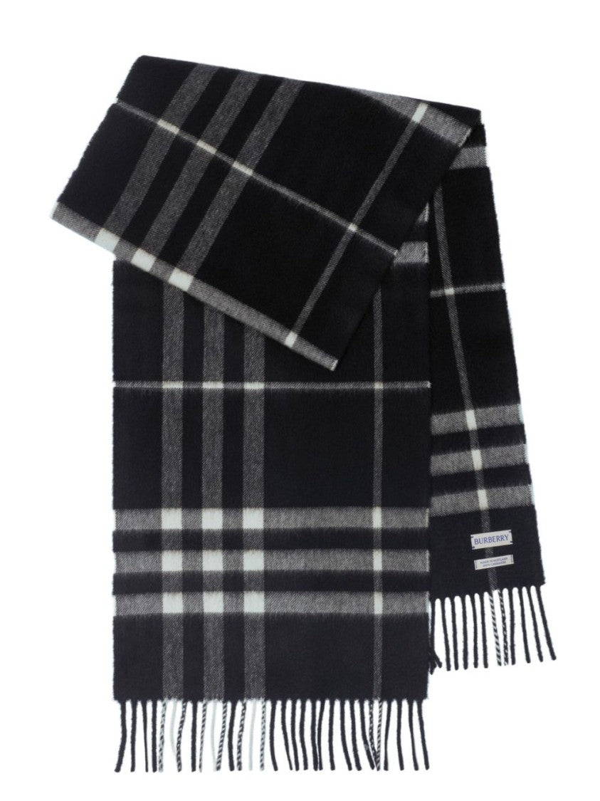Burberry Black Check Cashmere Fringed Ends Scarf
