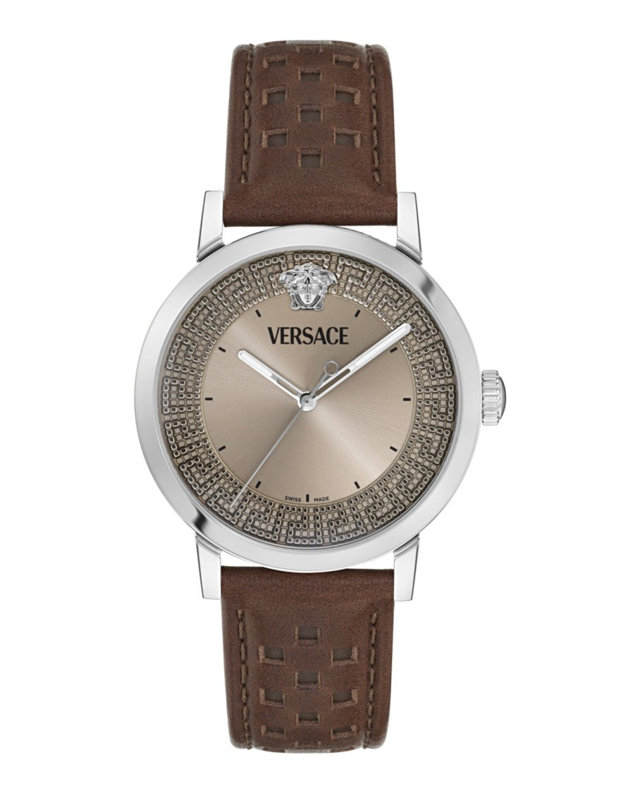 Versace Oval Brown Calf Leather Watch With Greek Key Detailing