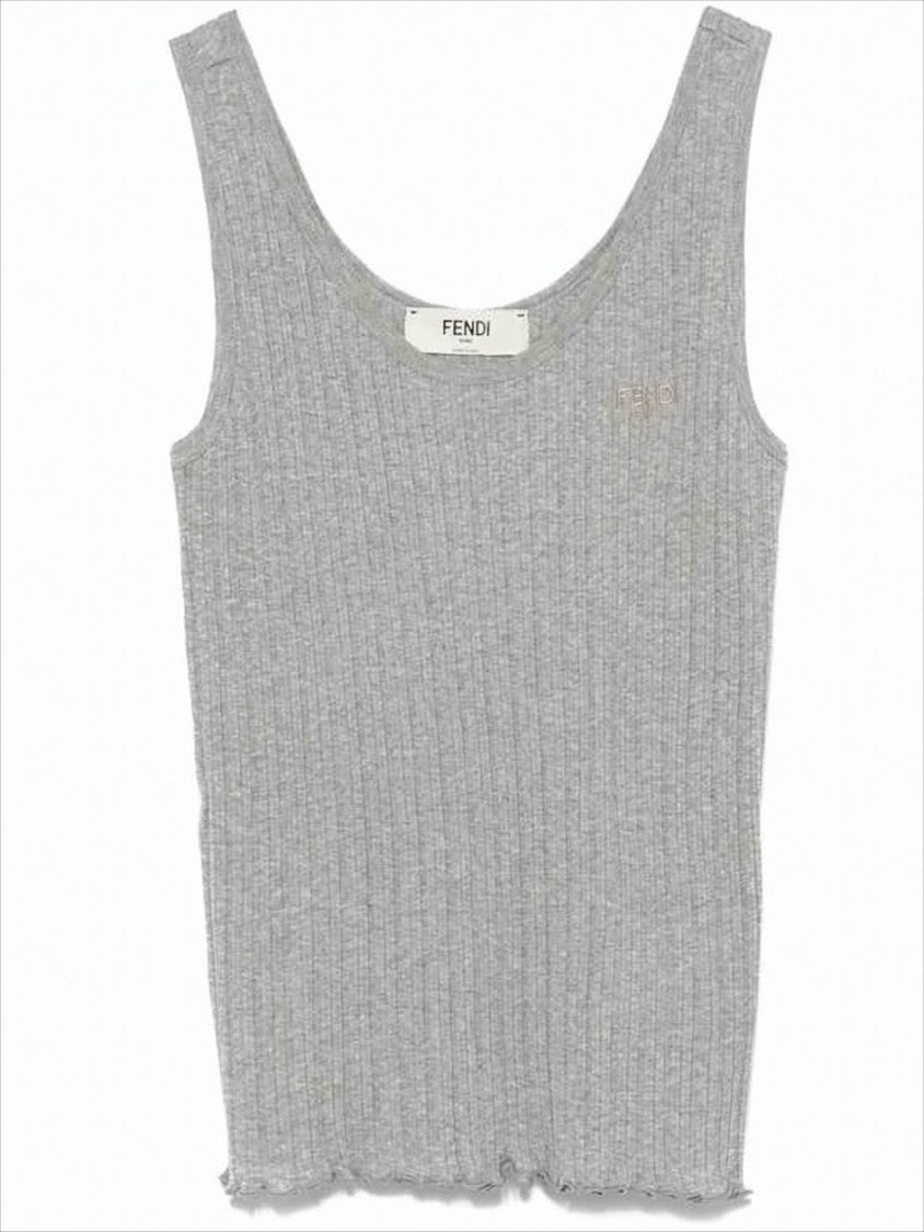 Fendi Ribbed Knit Sleeveless Top With Subtle Embroidery