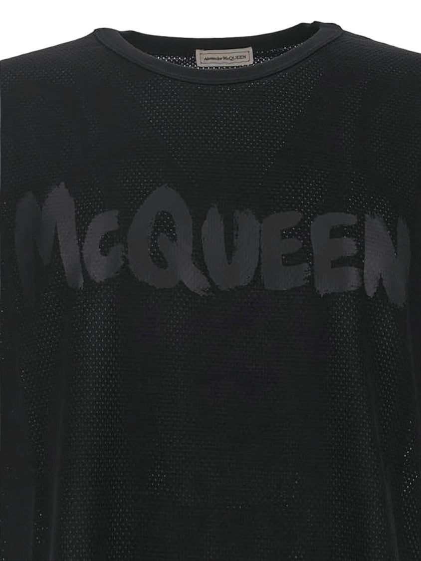Alexander Mcqueen Black Mesh T-Shirt With Tonal Text Graphic
