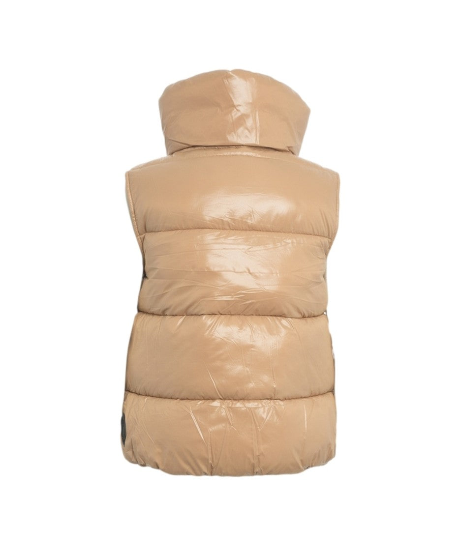 Save The Duck Beige Sleeveless Puffer Gilet With High Collar And Glossy Finish