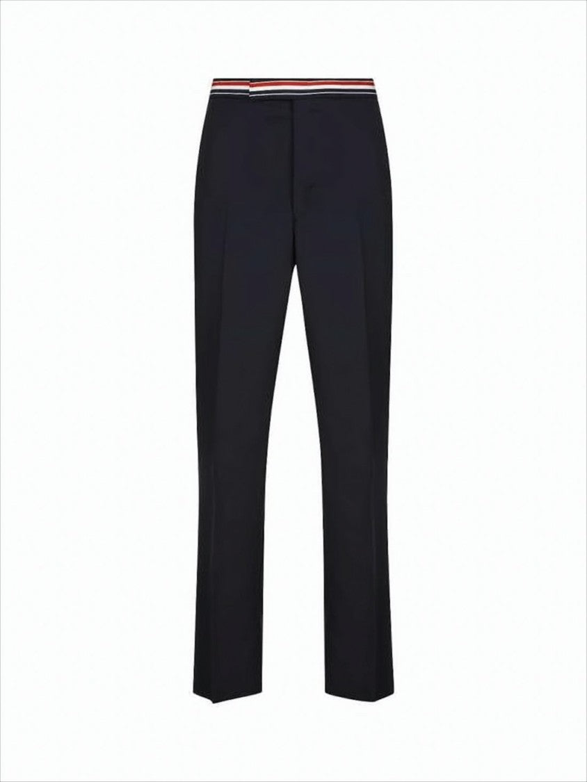 Thom Browne Tailored Blue Wool Straight Pants With Iconic Striped Trim