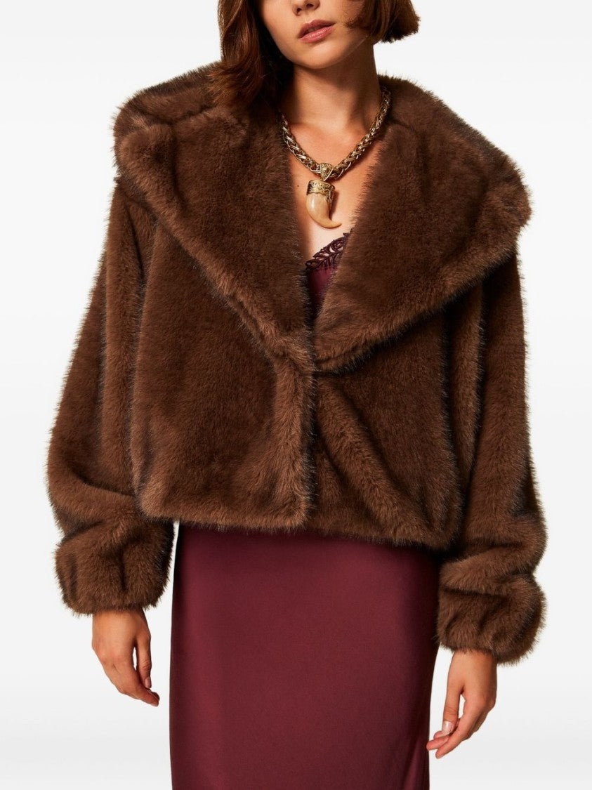 Twin-Set Cropped Faux Fur Coat With Shawl Collar