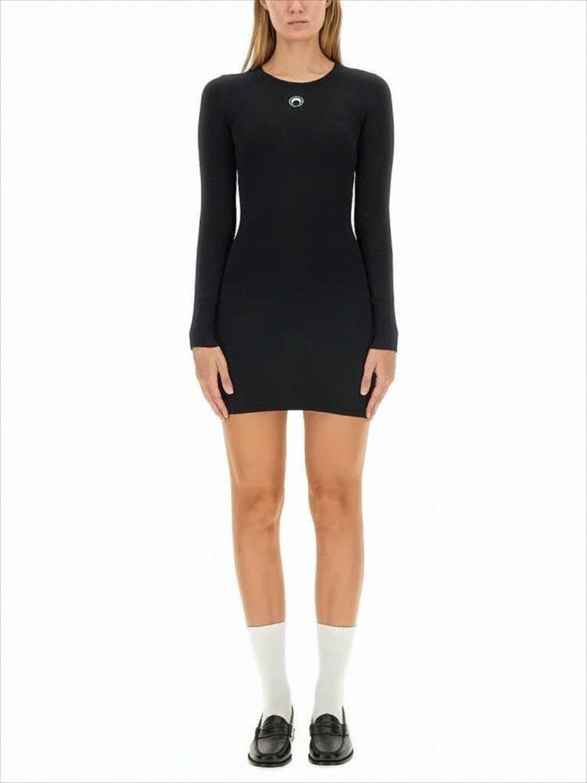 Marine Serre Fitted Black Mini Dress With Long Sleeves And Round Neckline