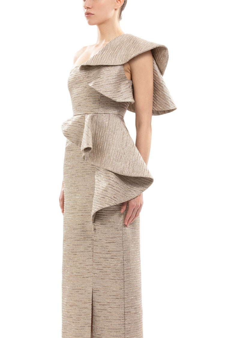 Saiid Kobeisy Ruffled Light Gold Brocade Dress