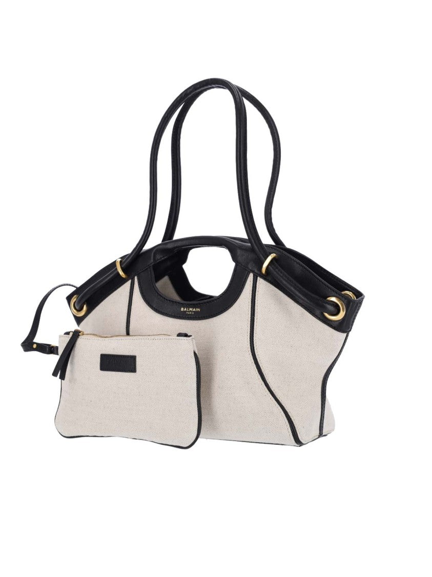 Balmain Beige Canvas Handbag With Black Leather Trim
