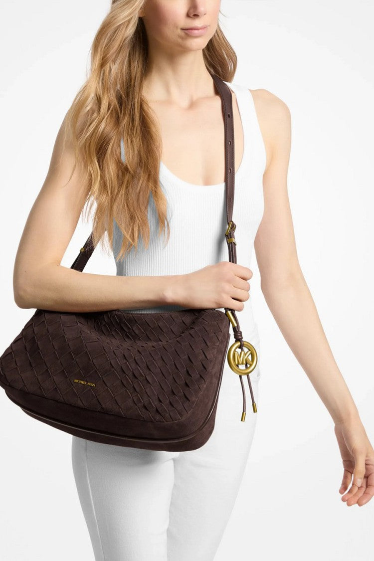 Michael Kors Dark Brown Woven-Effect Leather Shoulder Bag