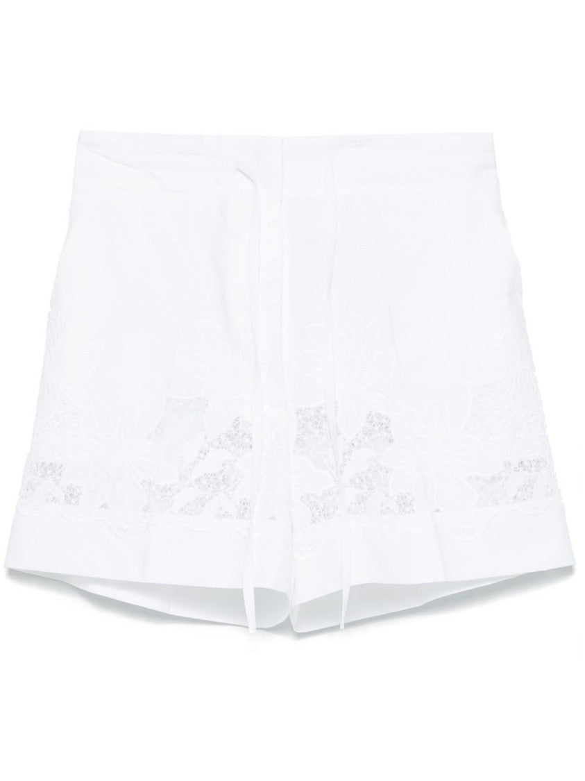 Parosh High-Waisted White Cotton Shorts With Floral Lace Detailing