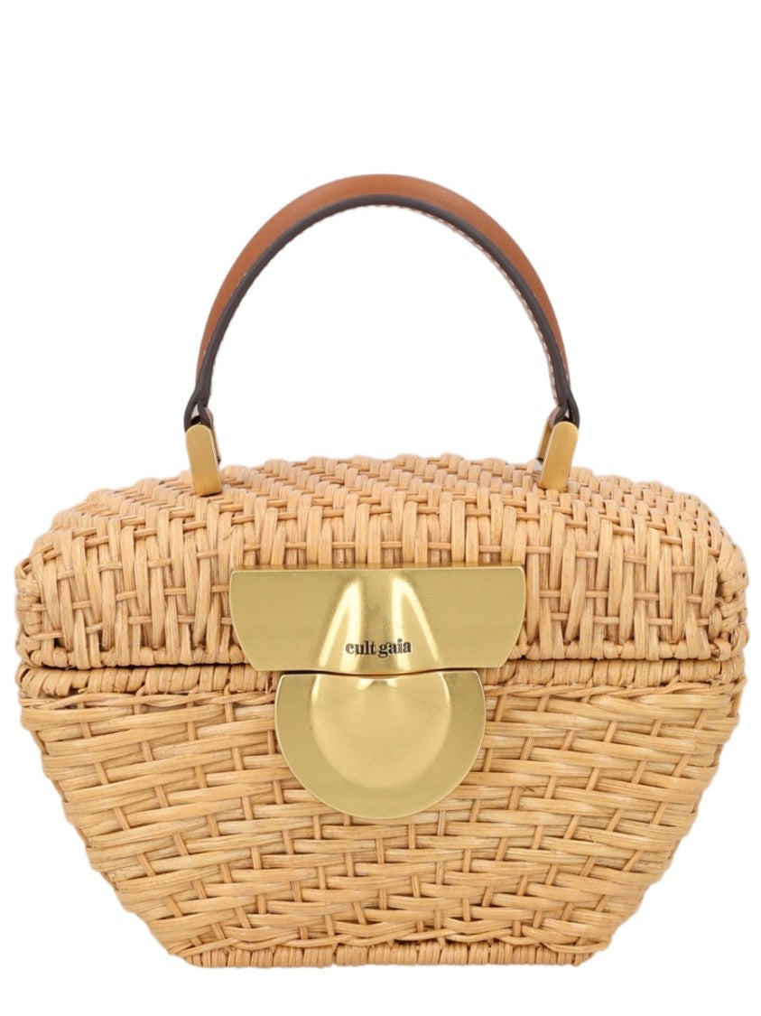 Cult Gaia Beige Artisanal Structured Rattan Leather-Trim Shoulder Bag